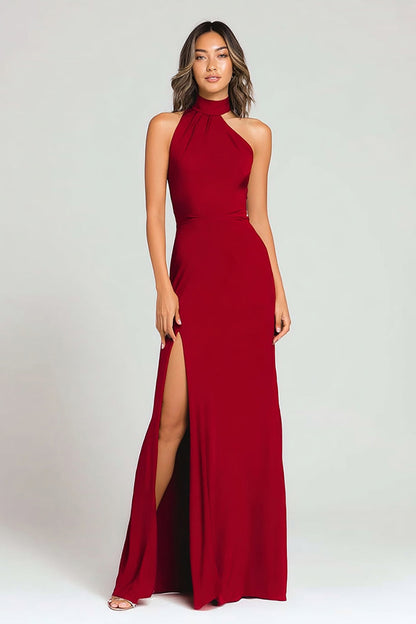 Burgundy Crepe Sheath Halter Long Formal Dress with Slit