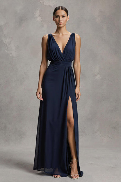 Navy Chiffon A Line V-Neck Long Formal Dress with Slit