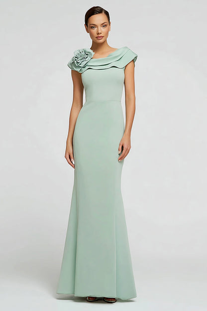 Mint Green Crepe Mermaid Boat Neck Long Formal Dress with Ruffles