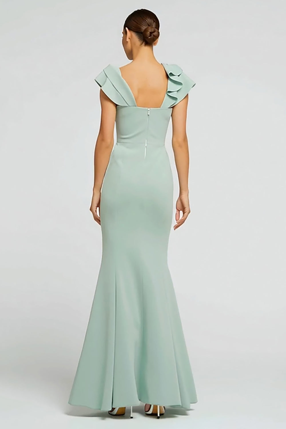 Mint Green Crepe Mermaid Boat Neck Long Formal Dress with Ruffles