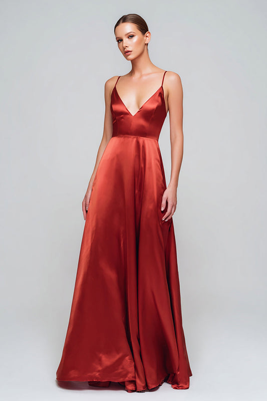 Red A Line Satin Spaghetti Straps Long Formal Dress