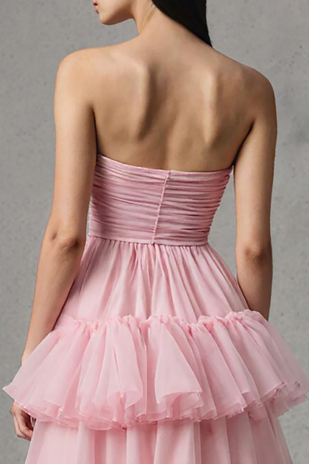 Pink Tulle A Line Tiered Strapless Long Formal Dress with Ruffles