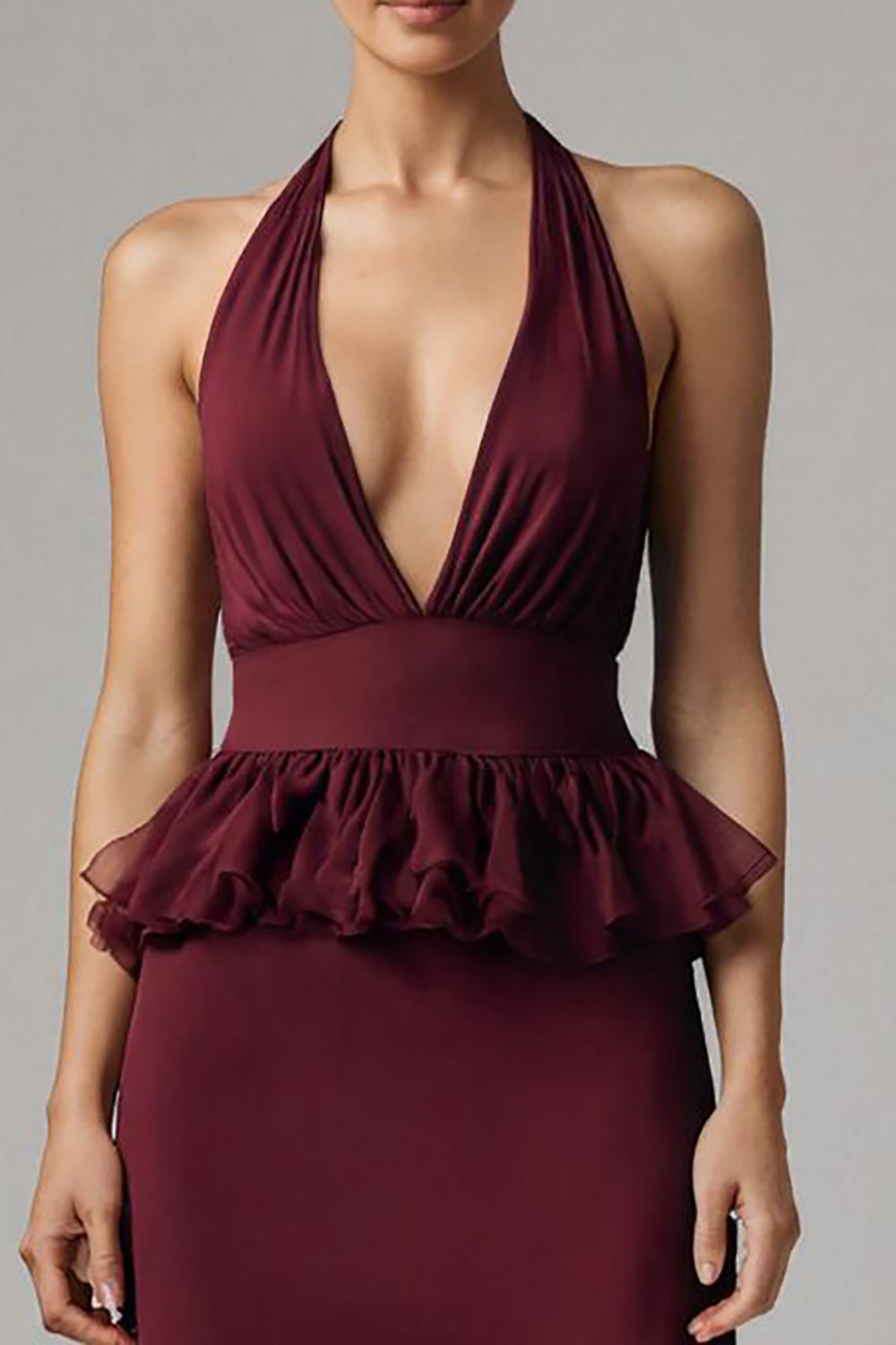 Burgundy Chiffon Deep V-Neck Halter Long Formal Dress with Ruffles