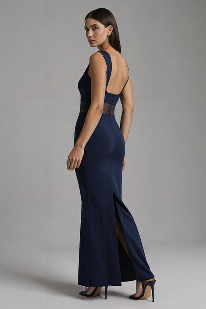 Navy Mermaid Bateau Neck Maxi Formal Dress