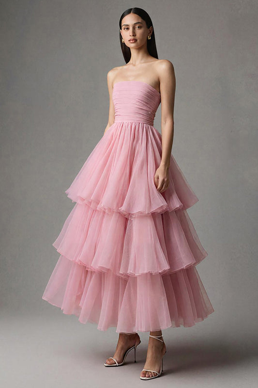 Pink A Line Strapless Tiered Maxi Formal Dress with Ruffles