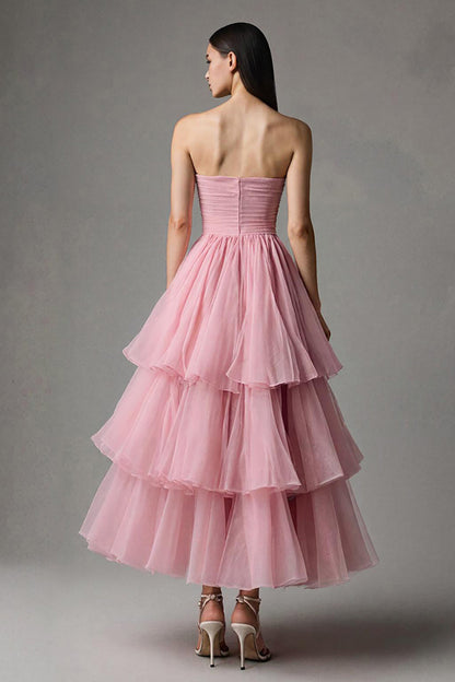 Pink A Line Strapless Tiered Maxi Formal Dress with Ruffles