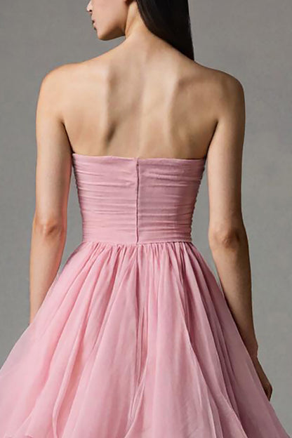 Pink A Line Strapless Tiered Maxi Formal Dress with Ruffles