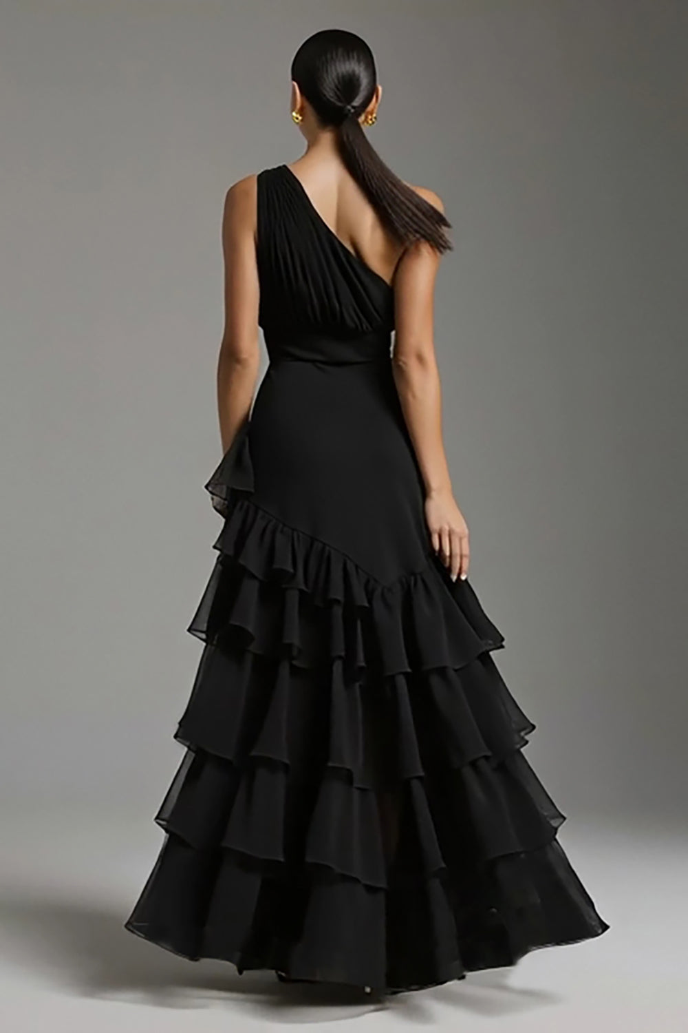 Black A Line Tiered One Shoulder Maxi Formal Dress with Slit