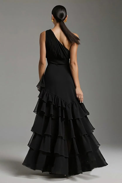 Black A Line Tiered One Shoulder Maxi Formal Dress with Slit