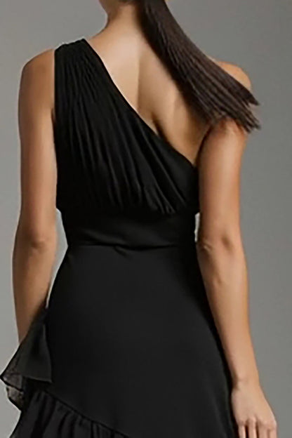 Black A Line Tiered One Shoulder Maxi Formal Dress with Slit