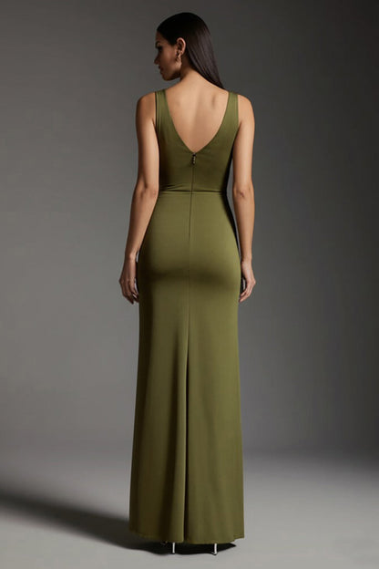 Olive Sheath V-Neck Maxi Formal Dress with Slit