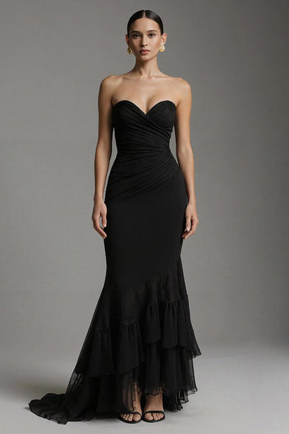 Black Sweetheart Mermaid Sweep Train Long Formal Dress with Ruffles