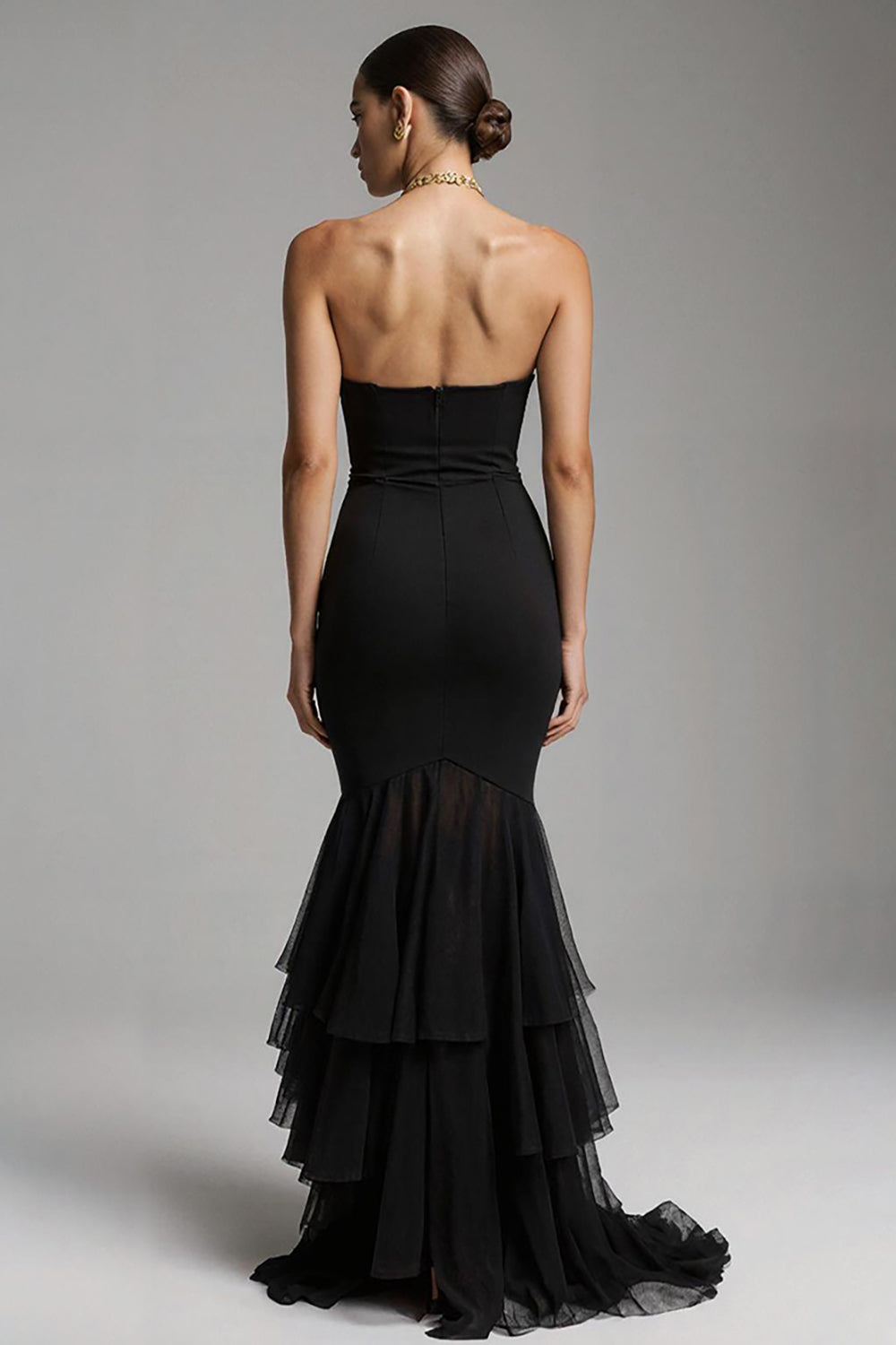 Black Mermaid Sweetheart Sweep Train Maxi Formal Dress with Ruffles