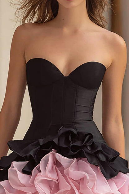 Black and Pink A Line Sweetheart Corset Short Cocktail Dress with Ruffles