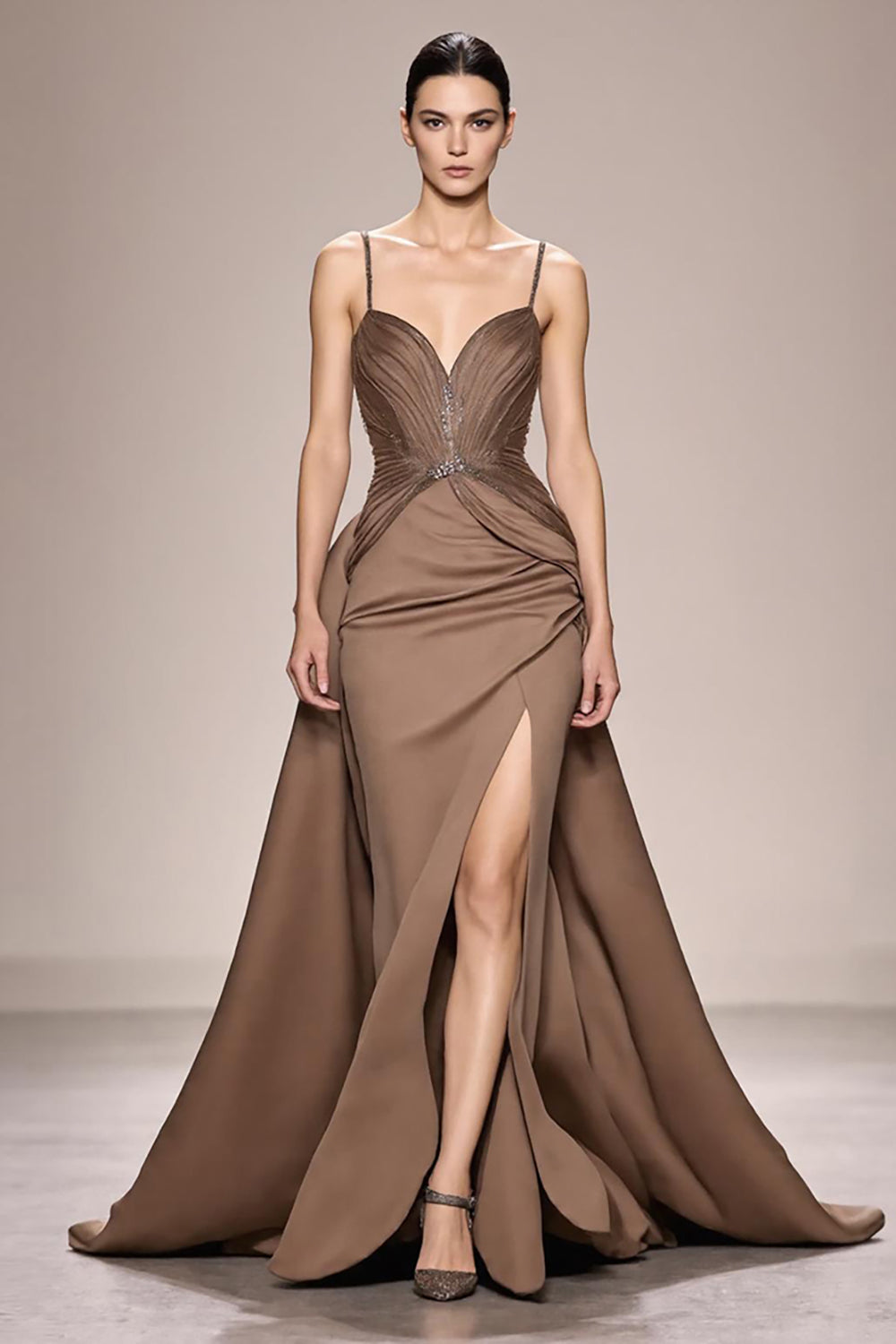 Coffee Satin Ruched A Line Long Evening Dress With Slit