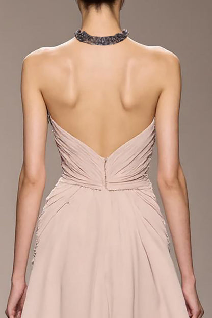 Champagne Satin Halter Long Evening Dress With Beading