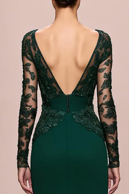 Dark Green Mermaid Lace Sleeves Long Evening Dress with Appliques