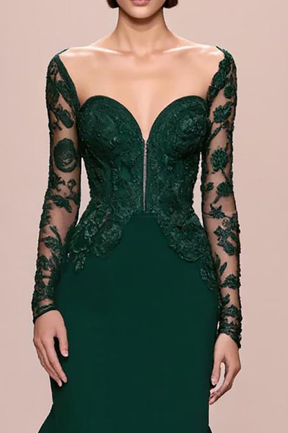 Dark Green Mermaid Lace Sleeves Long Evening Dress with Appliques