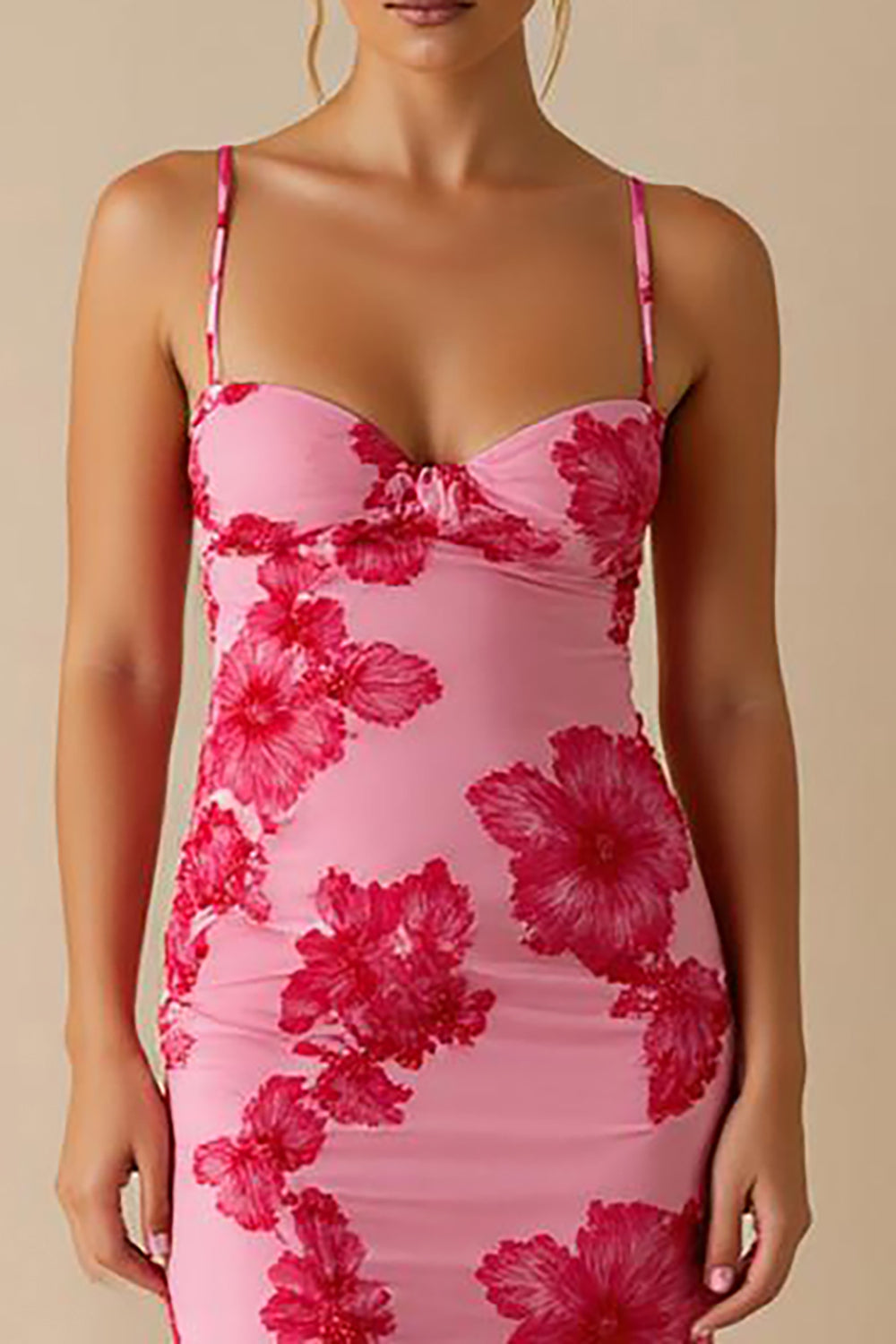 Chiffon Printed Light Pink Spaghetti Straps Sheath Long Evening Dress