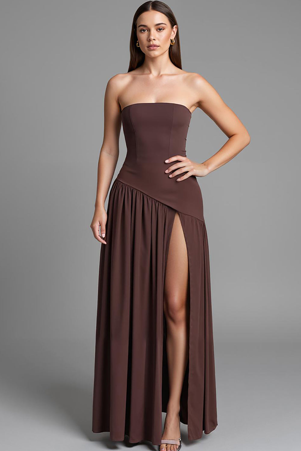 Coffee Strapless A Line Cotton Ruched Evening Dress with Slit