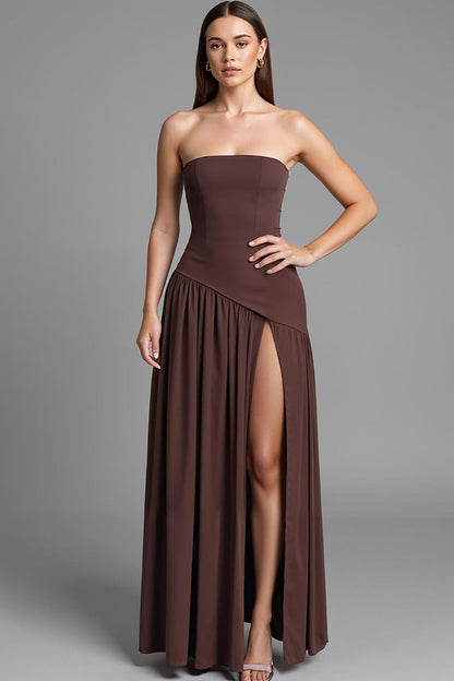 Coffee Strapless A Line Cotton Ruched Evening Dress with Slit