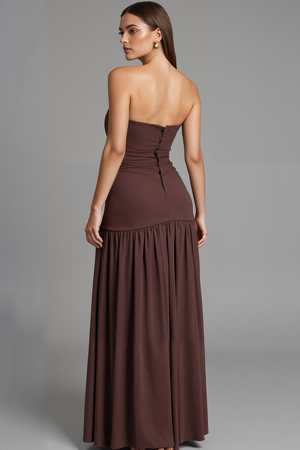 Coffee Strapless A Line Cotton Ruched Evening Dress with Slit