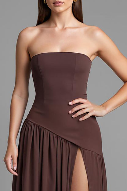 Coffee Strapless A Line Cotton Ruched Evening Dress with Slit