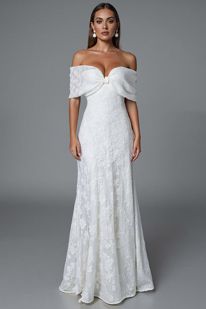 Ivory Mermaid Off The Shoulder Evening Dress With Lace