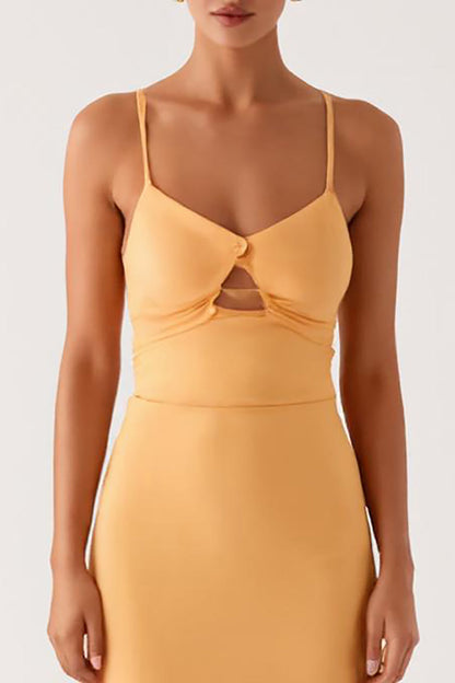 Light Yellow Cut Out Spaghetti Straps Sheath Formal Dress