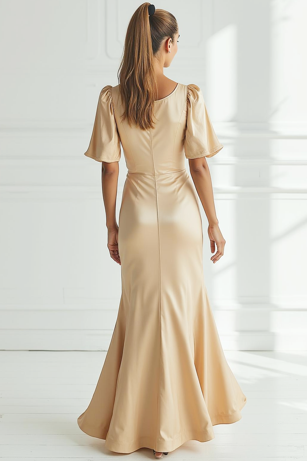 Champagne Mermaid Satin Long Formal Dress with Short Sleeves