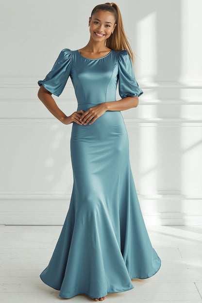 Champagne Mermaid Satin Long Formal Dress with Short Sleeves