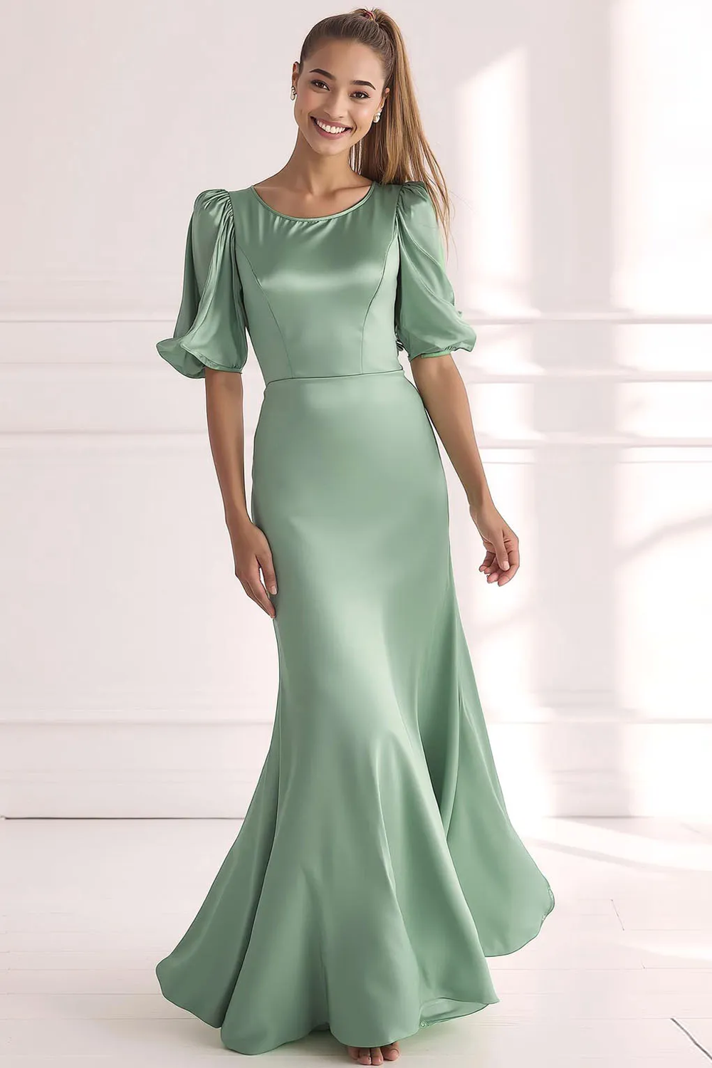 Champagne Mermaid Satin Long Formal Dress with Short Sleeves