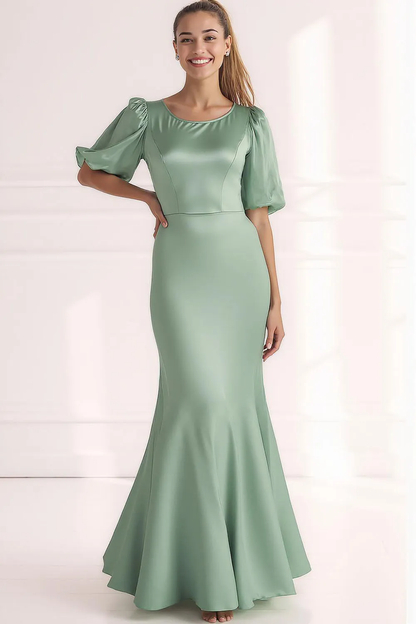 Champagne Mermaid Satin Long Formal Dress with Short Sleeves