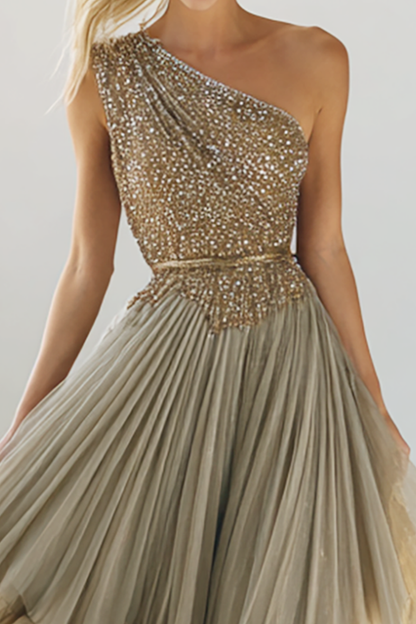 Sparkly Navy One Shoulder Sequins A Line Long Wedding Guest Dress with Ruffles