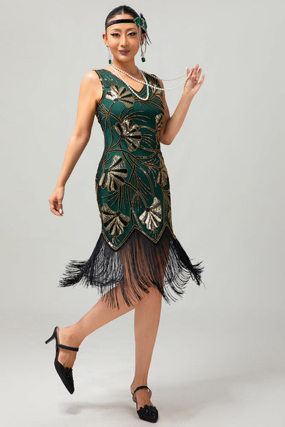 Green Golden Sequin V Neck Bodycon 1920s Flapper Dress with Tassles