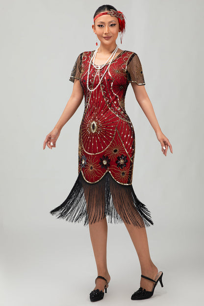 Gatsby Black Silver Scoop Fringed Bodycon 1920s Dress with Sequins
