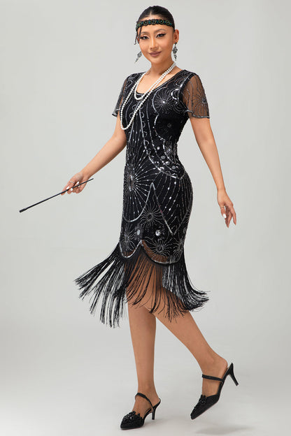 Beaded Black Golden Fringed Bodycon 1920s Dress