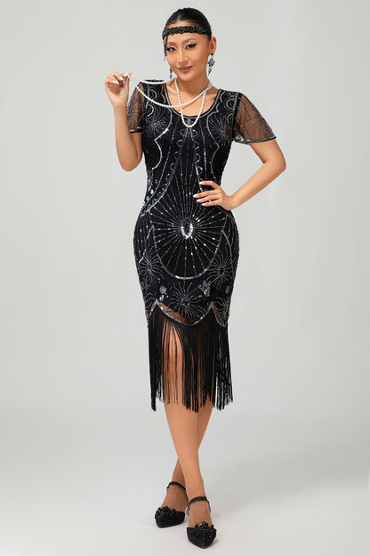Gatsby Black Silver Scoop Fringed Bodycon 1920s Dress with Sequins