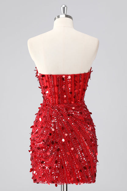 Red Sparkly Strapless Tight Short Beaded Corset Homecoming Dress with Sequins