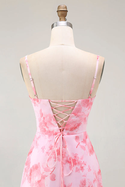 Pink Floral Cowl Neck A Line Maxi Dress with Slit