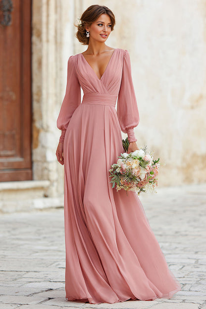 Dusty Rose V-Neck Maxi A Line Bridesmaid Dress with Sleeves
