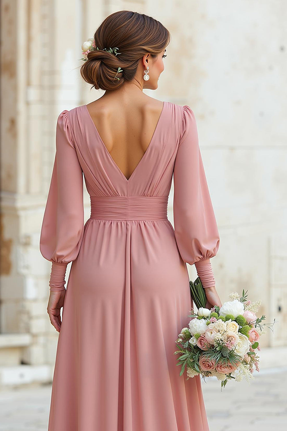 Dusty Rose V-Neck Maxi A Line Bridesmaid Dress with Sleeves