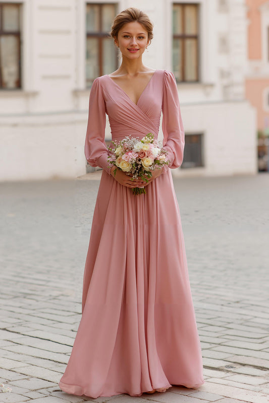 Dusty Rose V-Neck A Line Maxi Bridesmaid Dress with Sleeves
