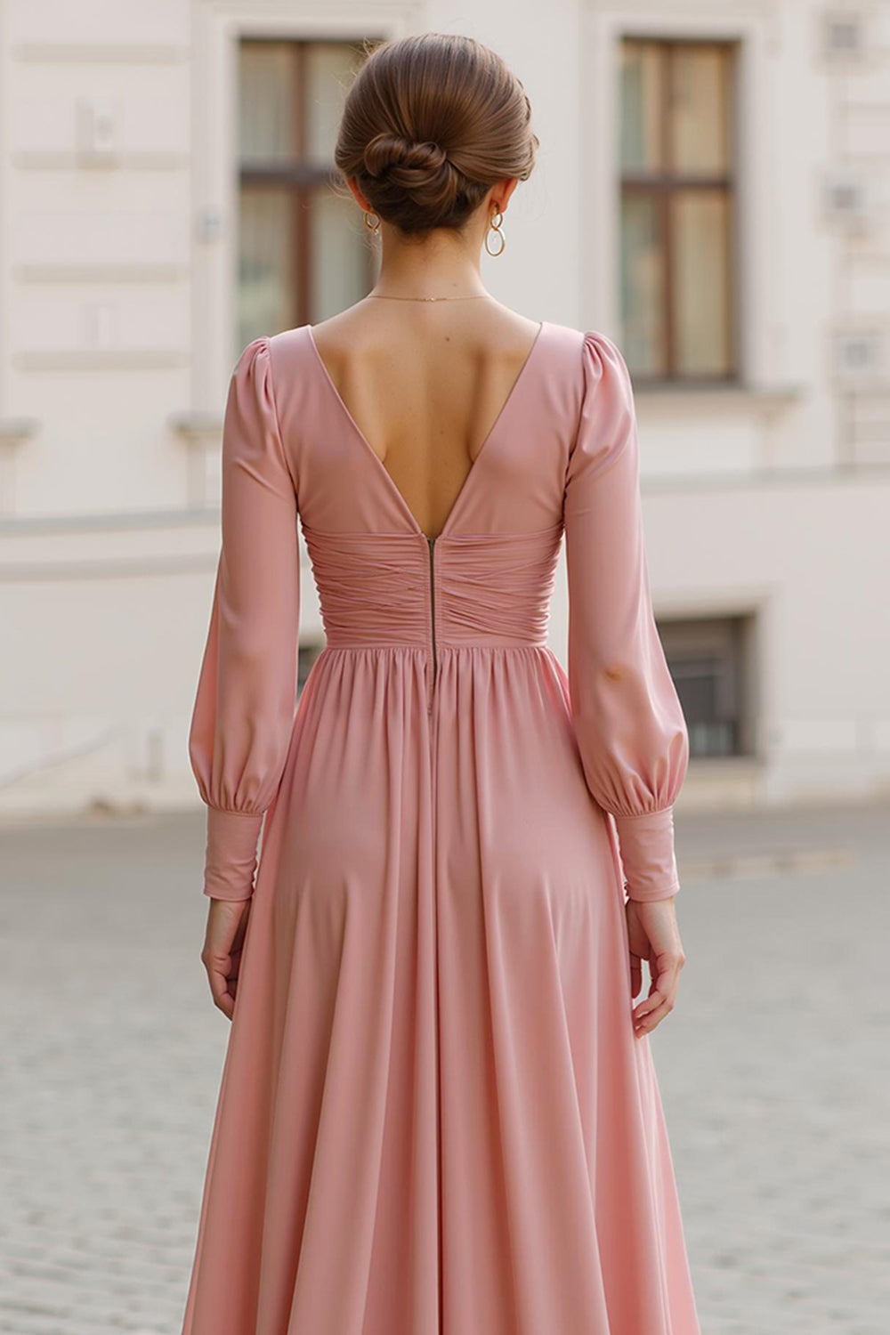 Dusty Rose V-Neck A Line Maxi Bridesmaid Dress with Sleeves