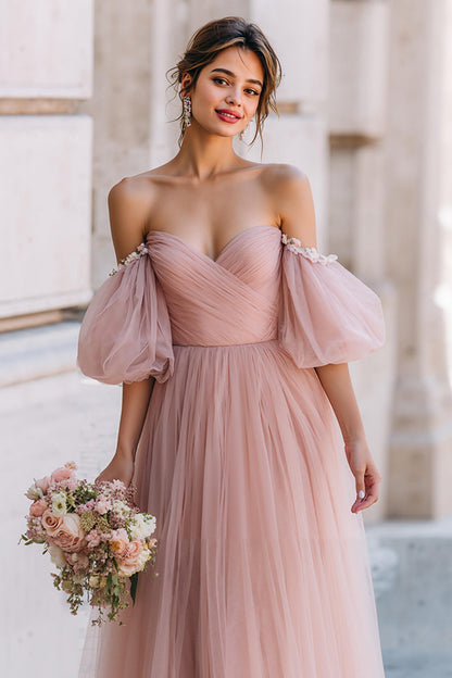Dusty Rose Long A Line Off the Shoulder Bridesmaid Dress with Sleeves