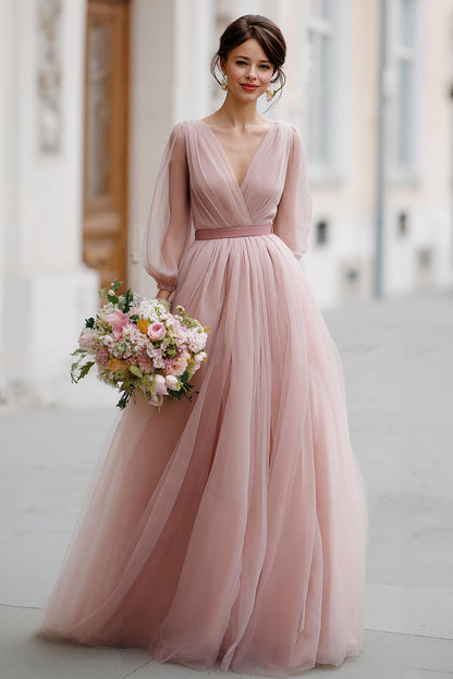 Dusty Rose A Line V-Neck Maxi Bridesmaid Dress with Sleeves