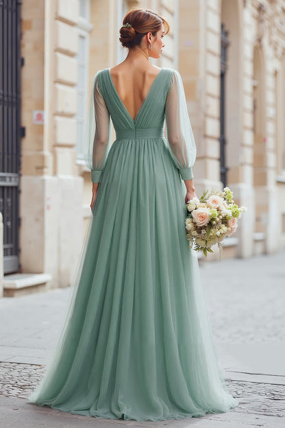 Eucalyptus A Line V-Neck Maxi Bridesmaid Dress with Long Sleeves