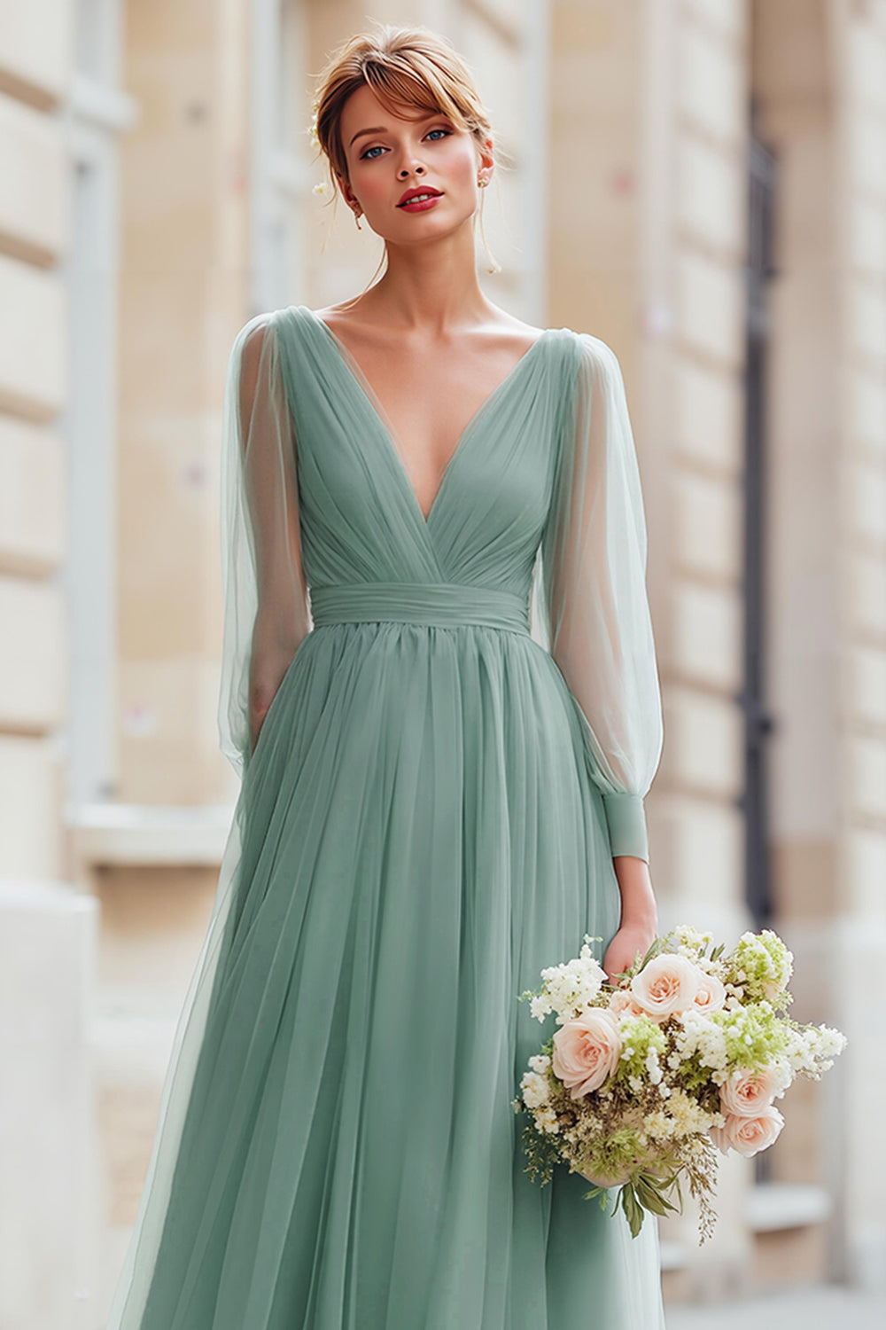 Eucalyptus A Line V-Neck Maxi Bridesmaid Dress with Long Sleeves