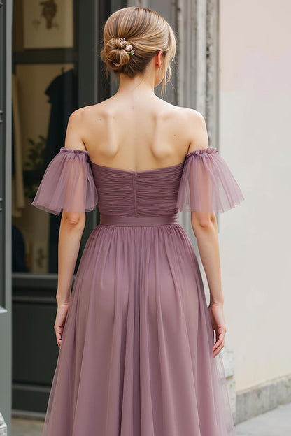 Vintage Mauve Long A Line Off the Shoulder Bridesmaid Dress