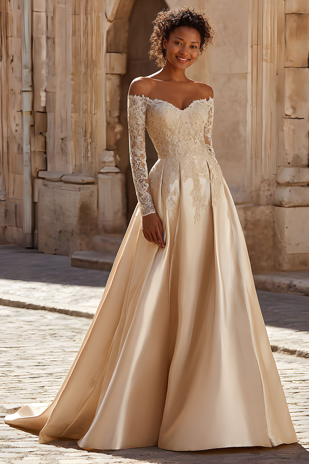 Champagne Satin Off the Shoulder Princess Sweep Train Wedding Dress with Lace